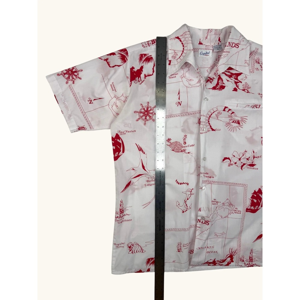 Vintage Capital Bermuda Nautical Map Print Shirt Mens Medium White Red Tropical - Picture 5 of 5